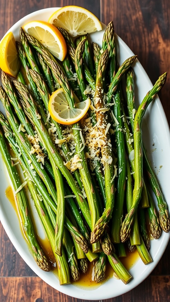 Savory Oven-Baked Asparagus with Garlic and Parmesan Oven-baked asparagus topped with Parmesan cheese, garnished with lemon wedges on a rustic table.